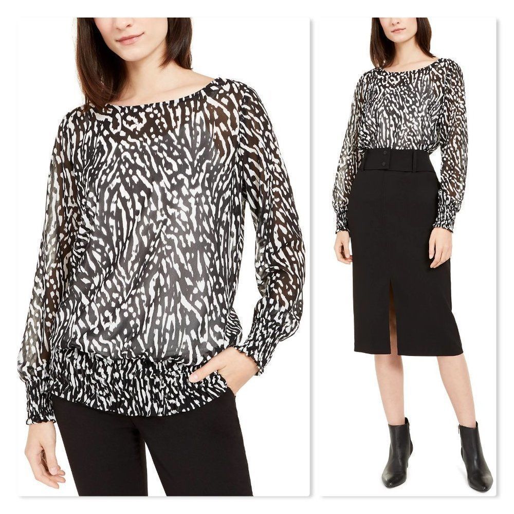 Alfani Printed Smocked-Hem Top size XL in Black/White - NEW